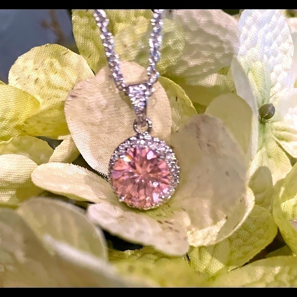 Pink Moissanite w  CZ Drop Necklace Silver Princess Chain Valentine’s Day
